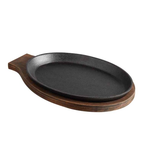 [176FJTKTNHOK] Choice 176FJTKTNHOK 9 1/4" x 7" Oval Pre-Seasoned Cast Iron Fajita Skillet with Oak Finish Wood Underliner